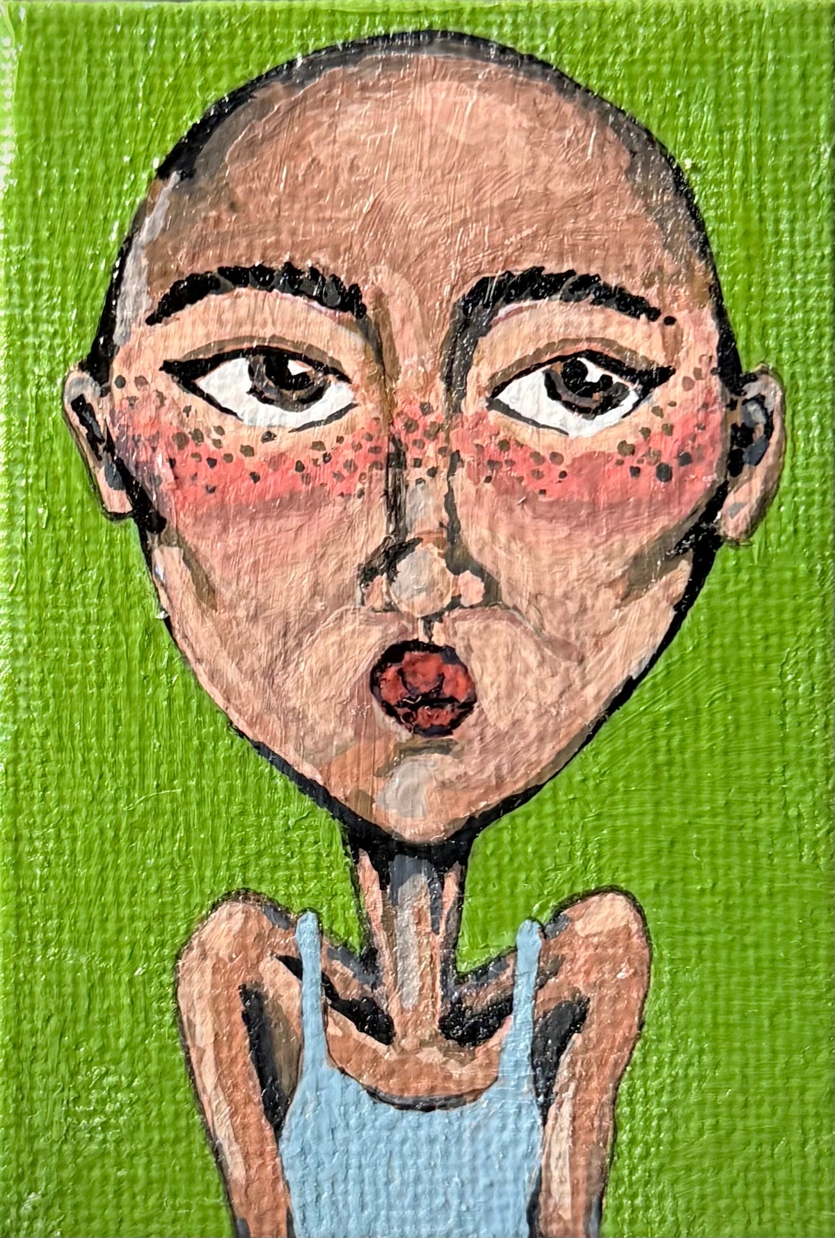 Original mini canvas painting – dark-skinned figure holding face on orange background