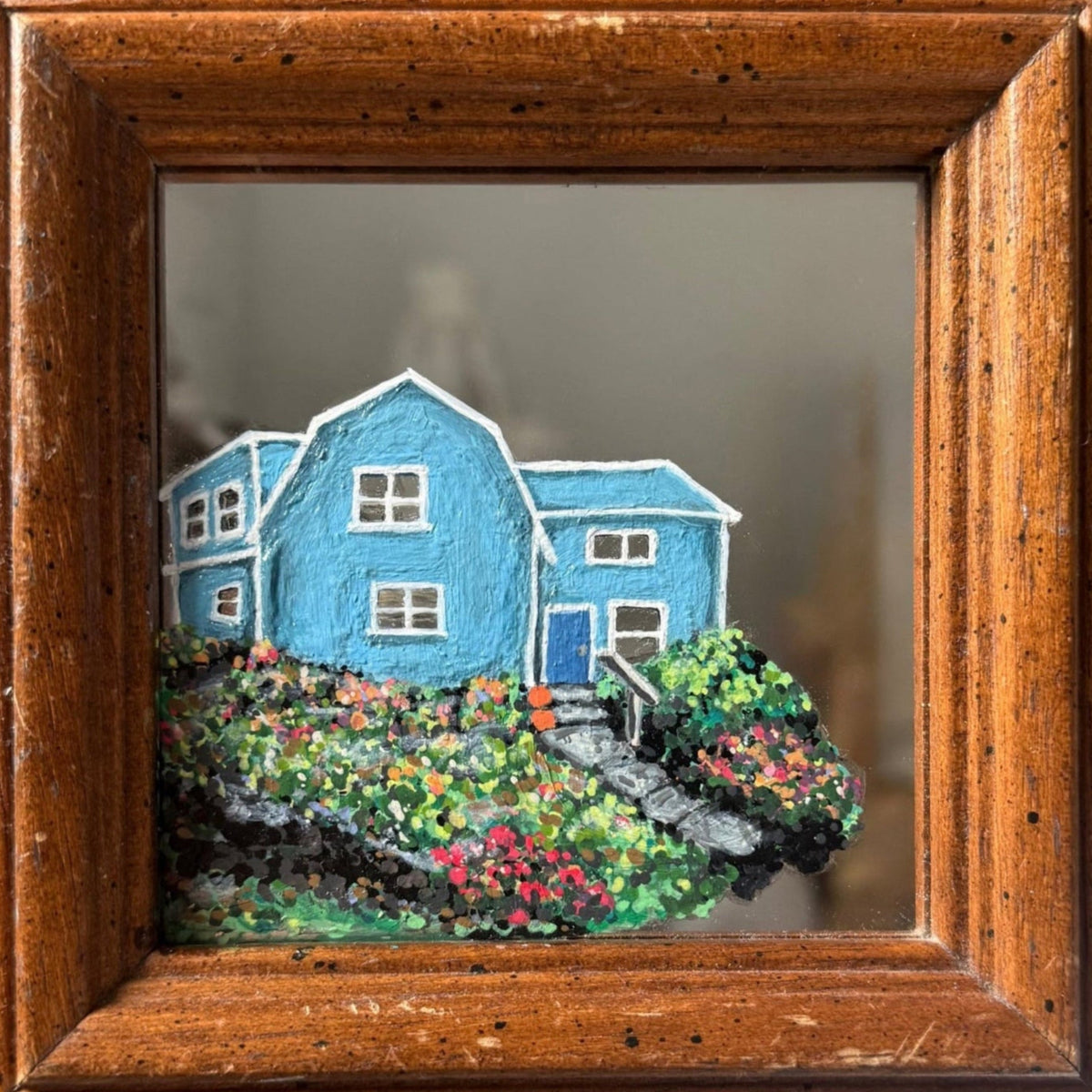 Original acrylic painting on mirror – blue cottage with garden in vintage wooden frame