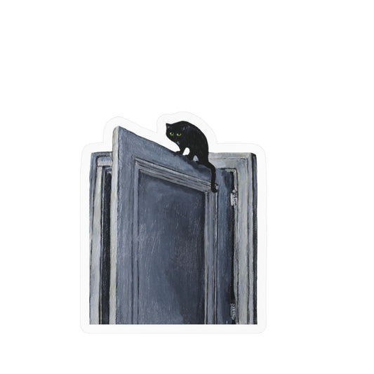 Tato kiss-cut vinyl sticker — mysterious black cat perched on a painted door in shadowy blues, original art by Sachi Hash Studio