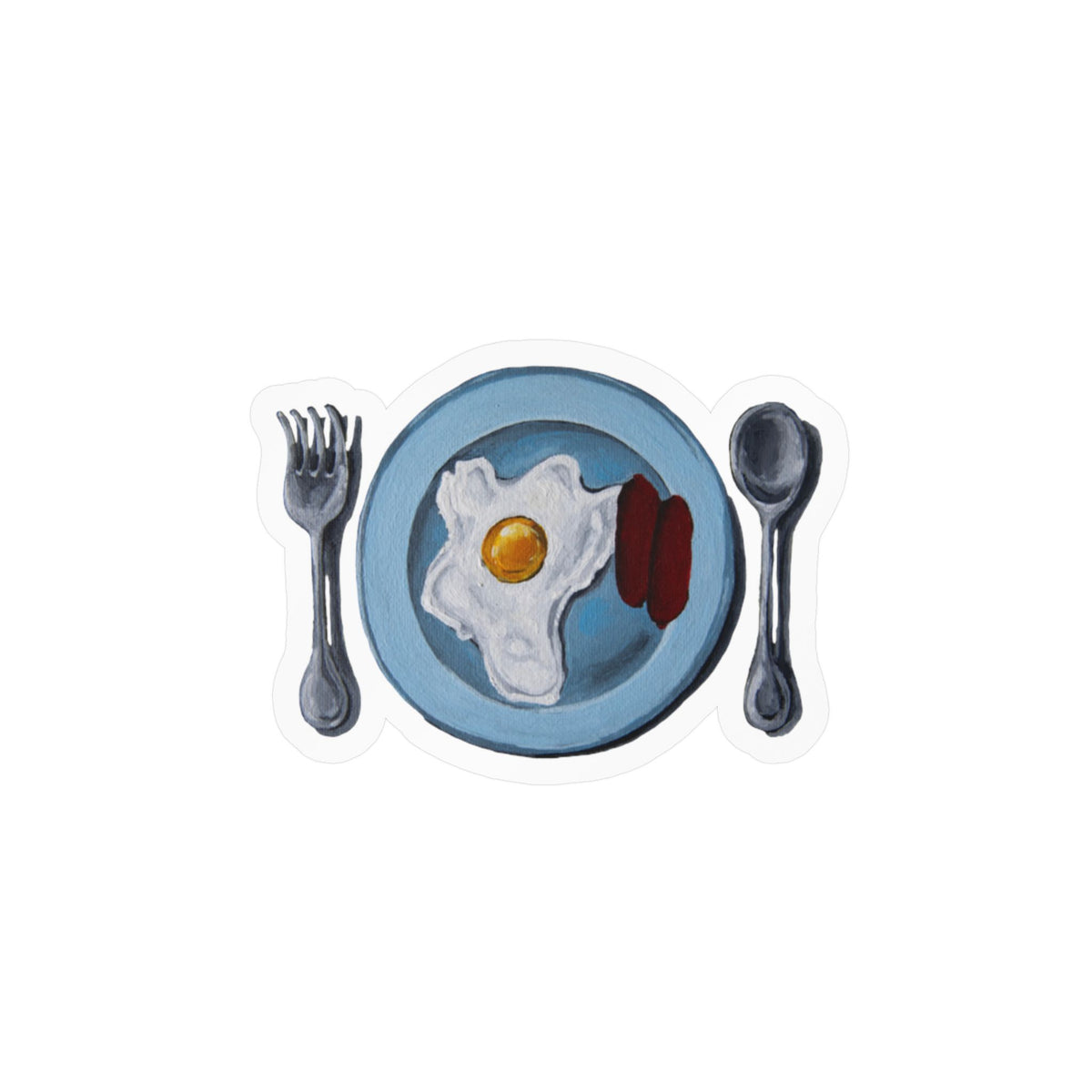 Filipino Breakfast kiss-cut vinyl sticker — painterly sunny side up egg and sausage morning scene, original art by Sachi Hash Studio