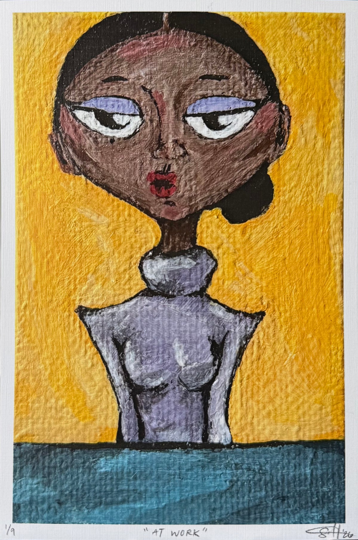 At Work limited edition fine art print — expressive portrait on yellow background by Sachi Hash Studio