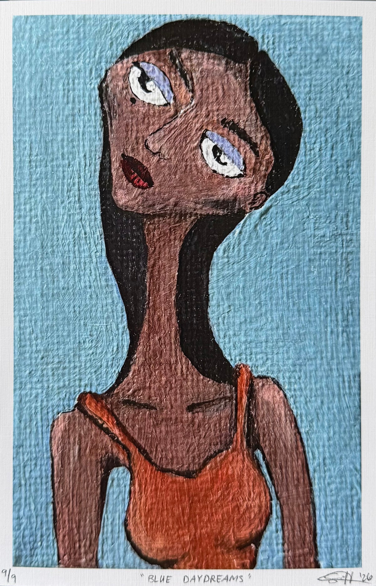 Blue Daydreams limited edition fine art print — expressive portrait on blue background by Sachi Hash Studio