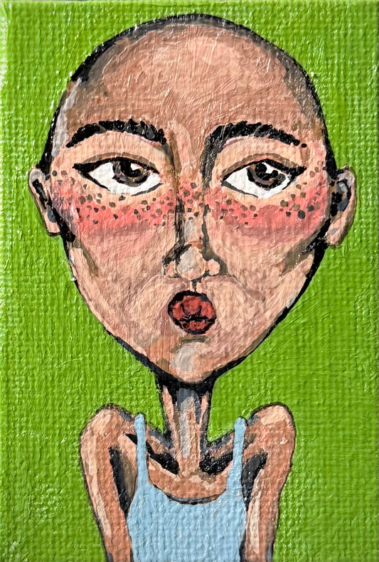 Original mini canvas painting – dark-skinned figure holding face on orange background