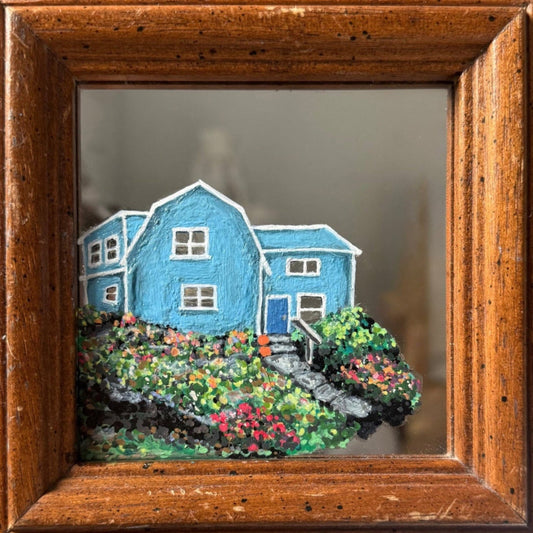 Original acrylic painting on mirror – blue cottage with garden in vintage wooden frame