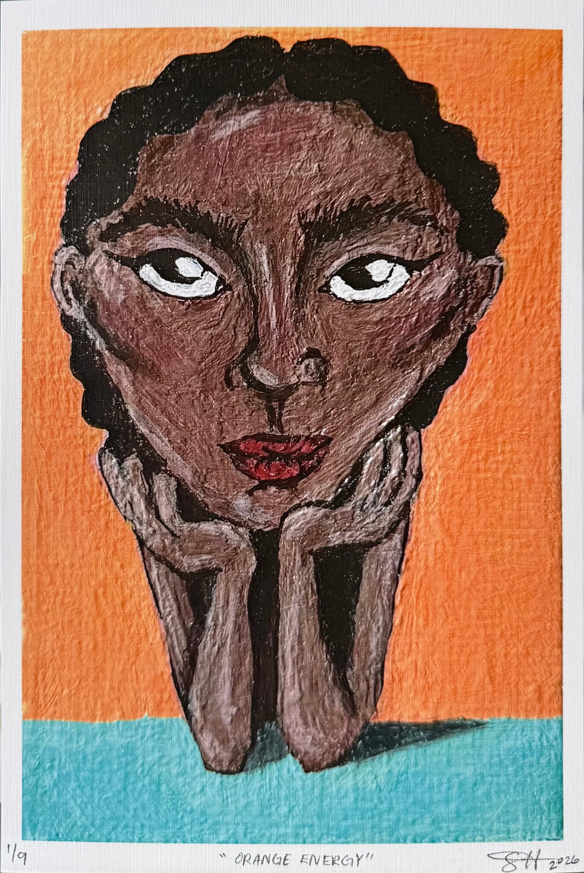 Orange Energy limited edition fine art print — expressive portrait with orange and teal background by Sachi Hash Studio