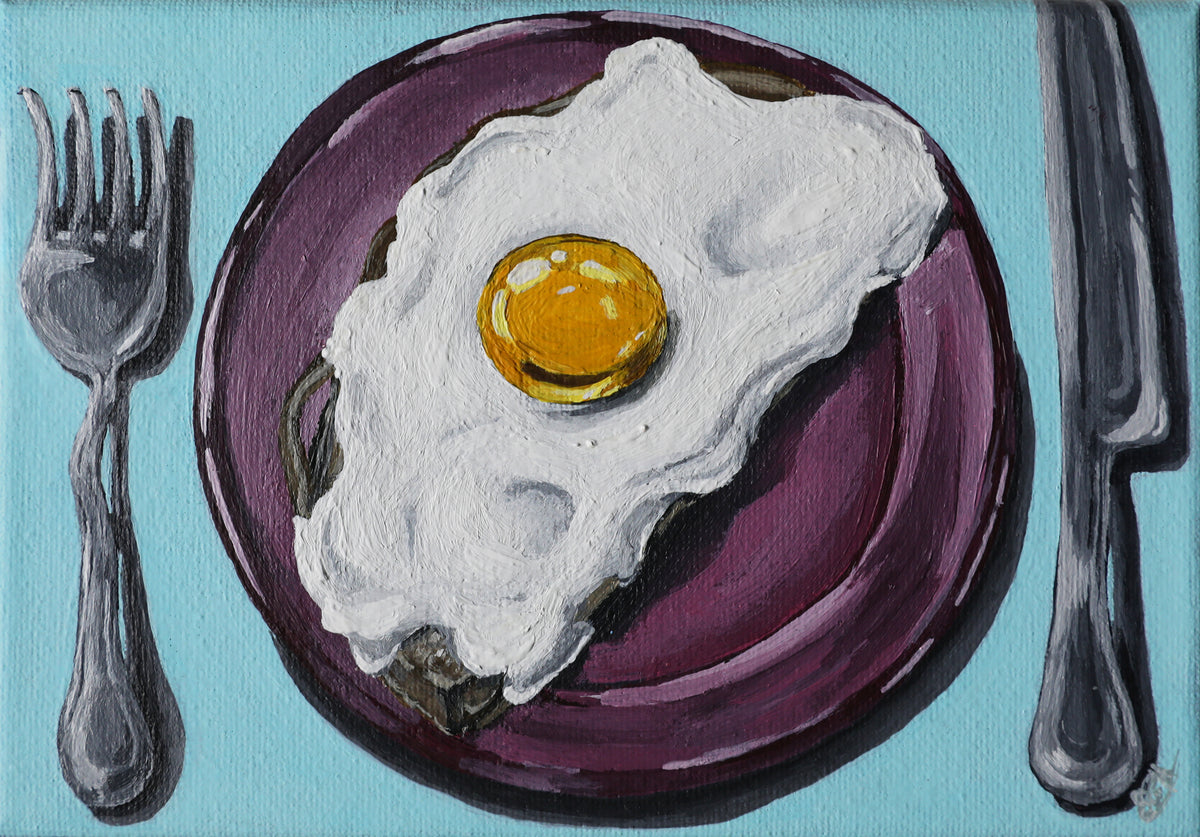 A stylized painting of a fried egg on a purple plate, flanked by a fork on the left and knife on the right, set against a light blue background.