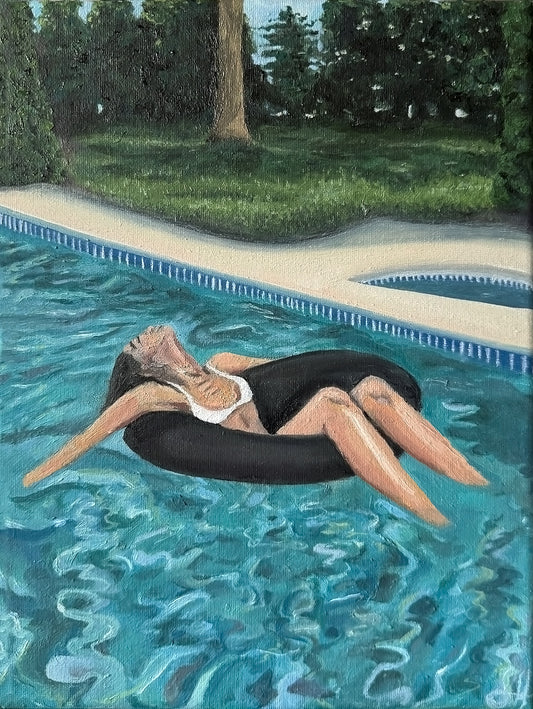 A painted scene of a woman reclining on a black float in a swimming pool, with grass, trees, and a poolside walkway in the background.